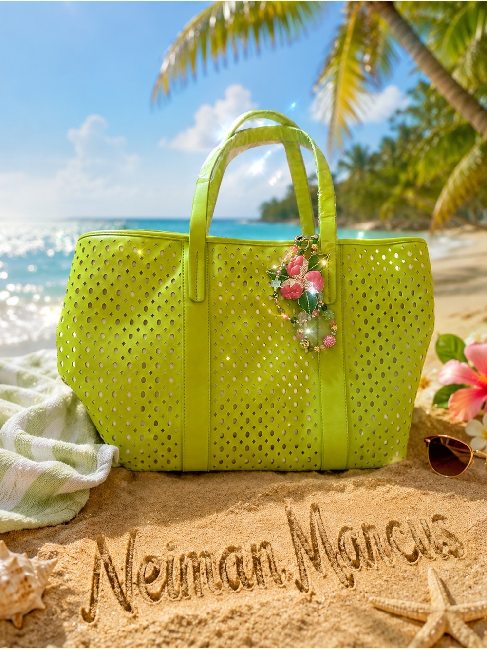 NWT Neiman Marcus Neon Lime Perforated Tote with Added Floral Charm